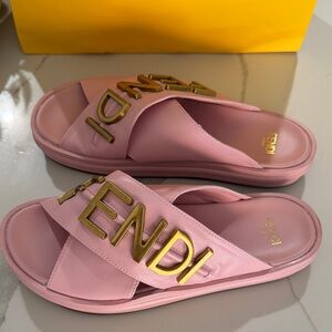Fendi Pink Sandals with Gold Lettering